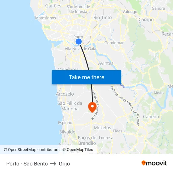 Porto - São Bento to Grijó map
