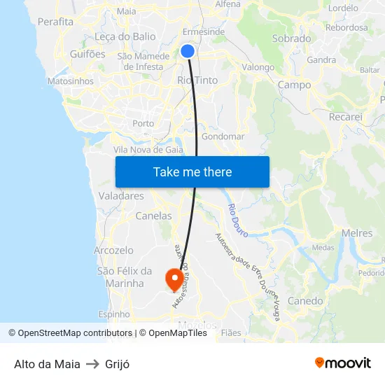 Alto da Maia to Grijó map