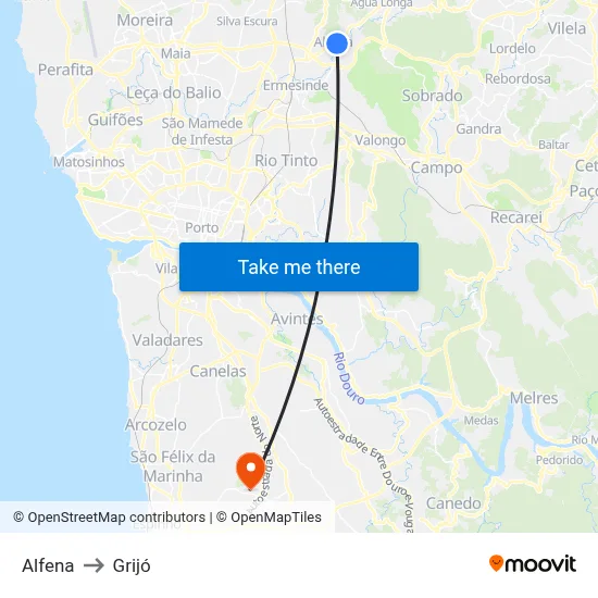 Alfena to Grijó map