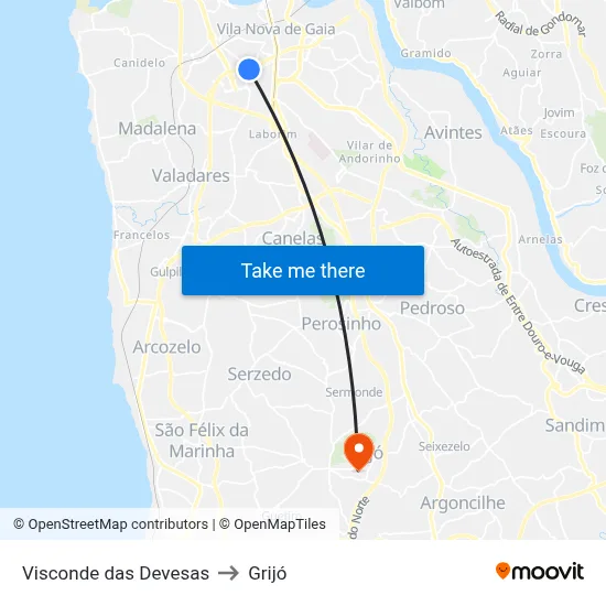 Visconde das Devesas to Grijó map