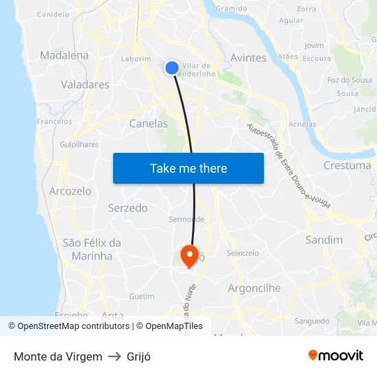 Monte da Virgem to Grijó map
