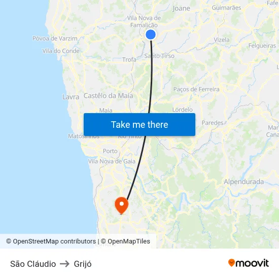 São Cláudio to Grijó map