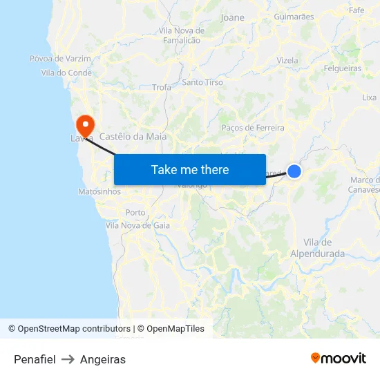 Penafiel to Angeiras map