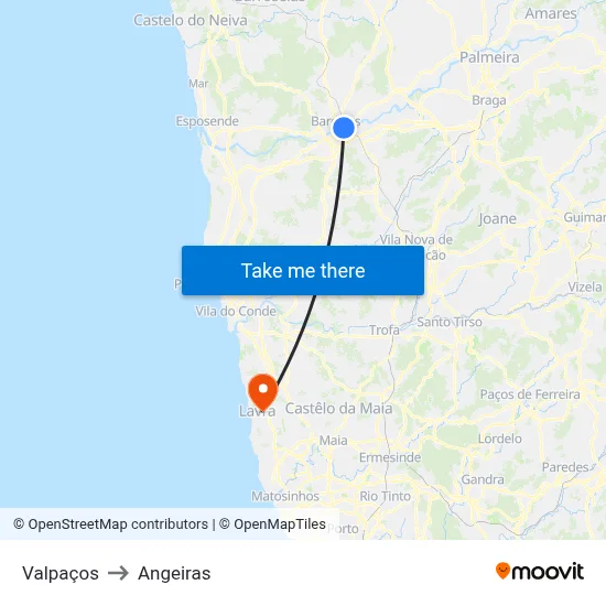 Valpaços to Angeiras map