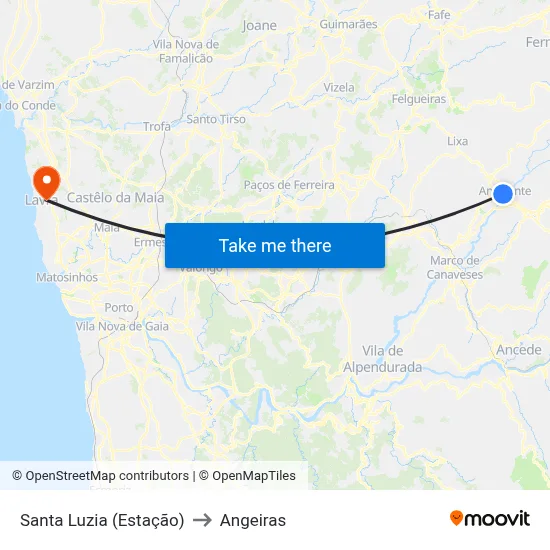 Santa Luzia (Estação) to Angeiras map