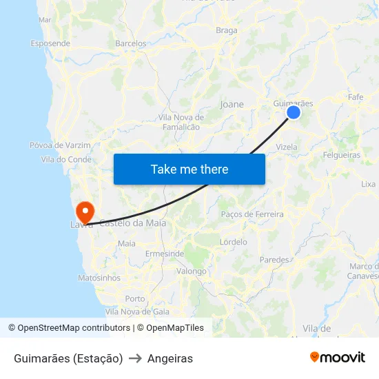 Guimarães (Estação) to Angeiras map