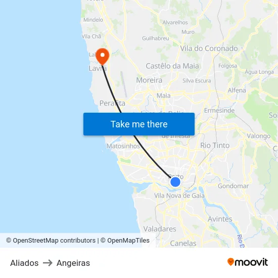 Aliados to Angeiras map