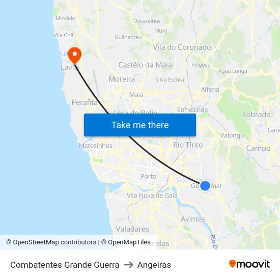Combatentes Grande Guerra to Angeiras map
