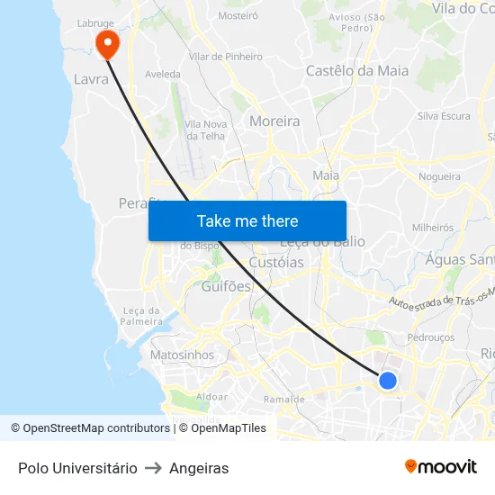 Polo Universitário to Angeiras map