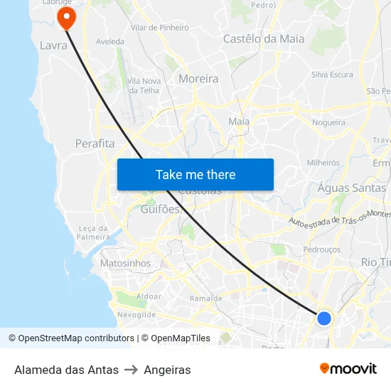 Alameda das Antas to Angeiras map