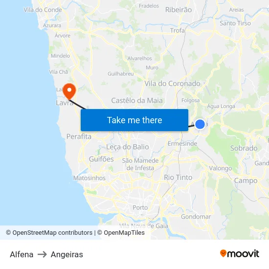 Alfena to Angeiras map