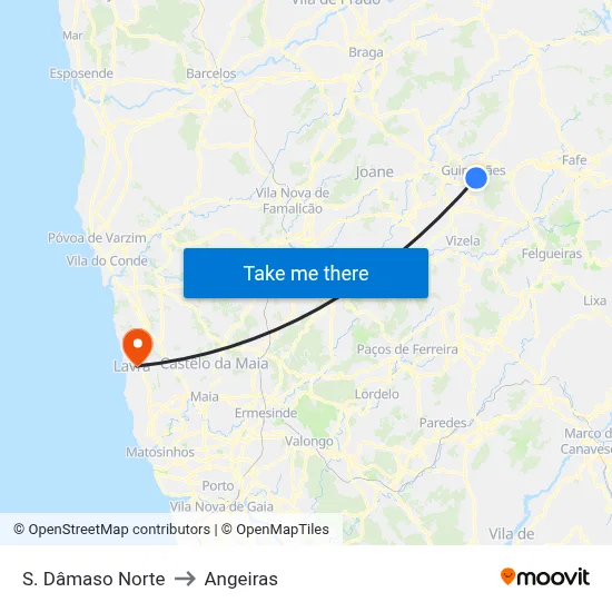 S. Dâmaso Norte to Angeiras map