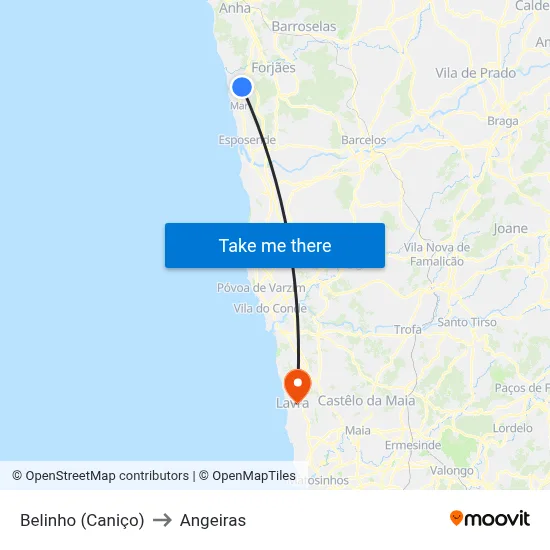 Belinho (Caniço) to Angeiras map