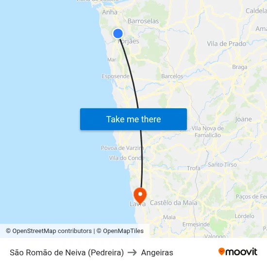 São Romão de Neiva (Pedreira) to Angeiras map