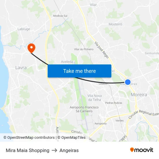 Mira Maia Shopping to Angeiras map