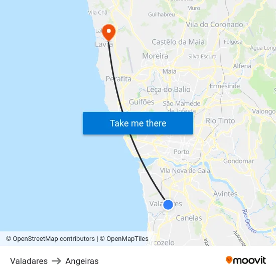 Valadares to Angeiras map