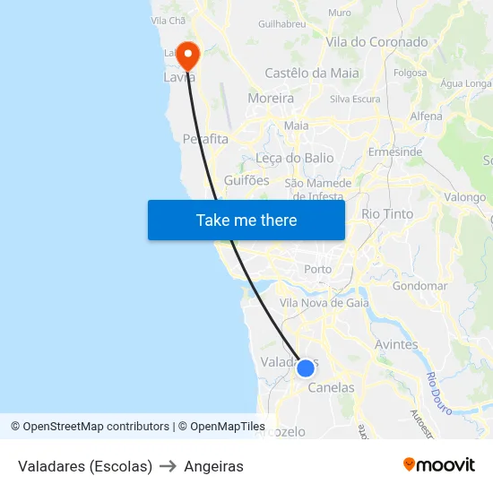 Valadares (Escolas) to Angeiras map