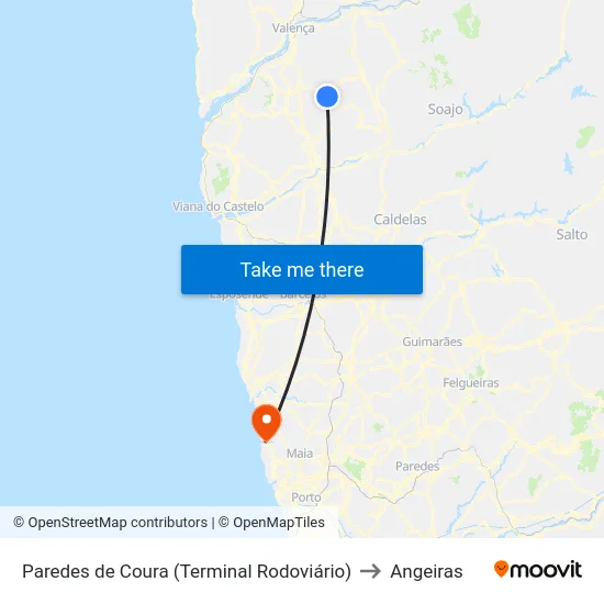Paredes de Coura (Terminal Rodoviário) to Angeiras map
