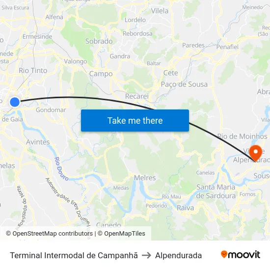 Terminal Intermodal de Campanhã to Alpendurada map