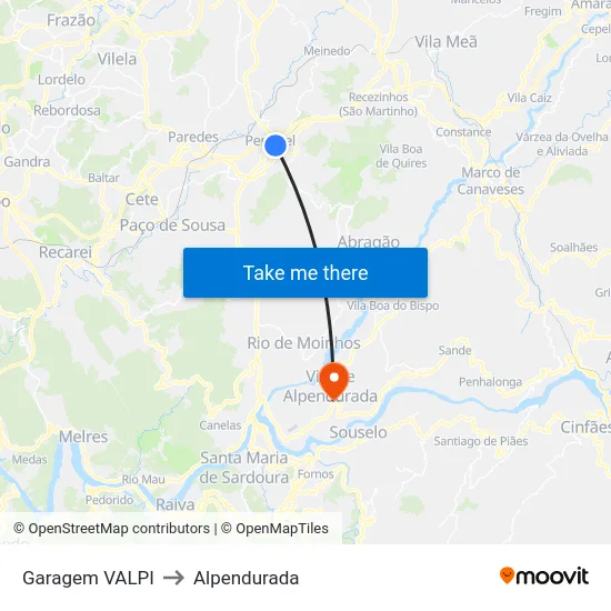 Penafiel (Bombeiros) to Alpendurada map