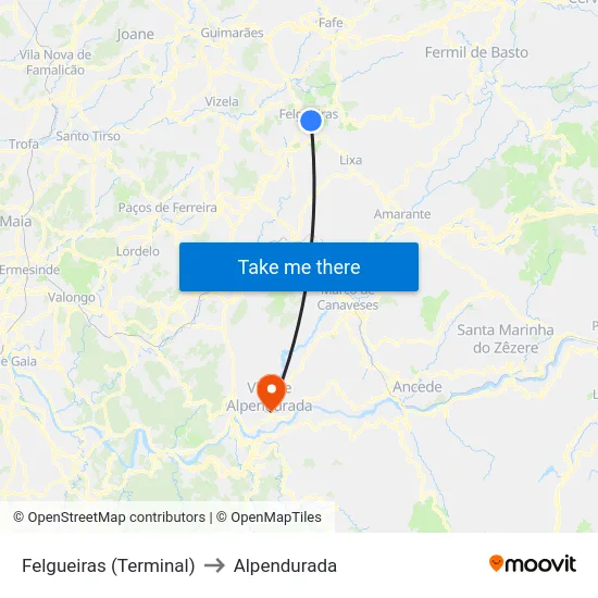 Felgueiras (Terminal) to Alpendurada map
