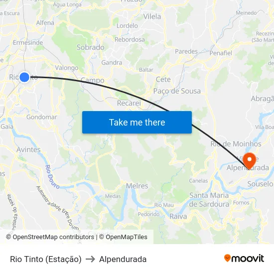 Rio Tinto (Estação) to Alpendurada map