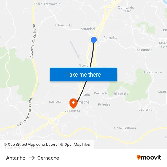 Antanhol to Cernache map