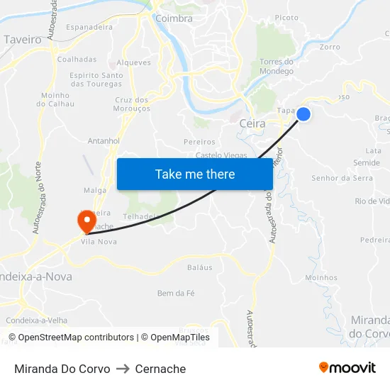 Miranda Do Corvo to Cernache map