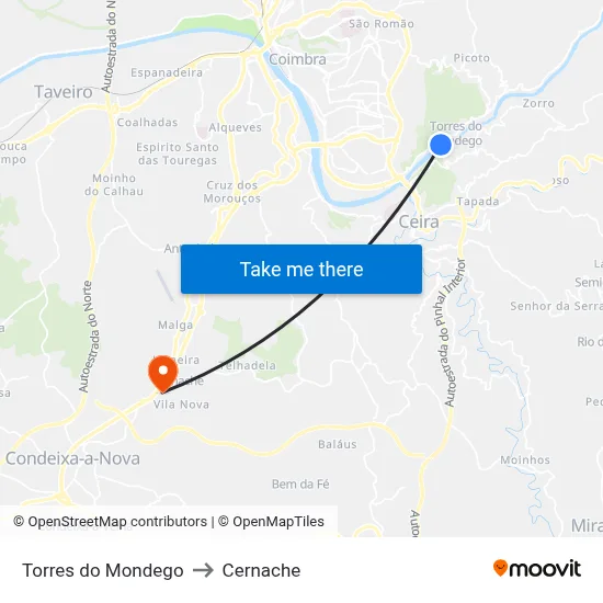 Torres do Mondego to Cernache map