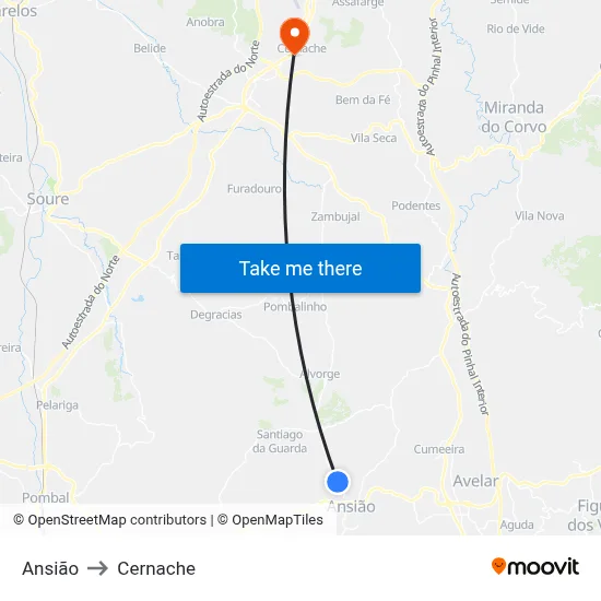 Ansião to Cernache map