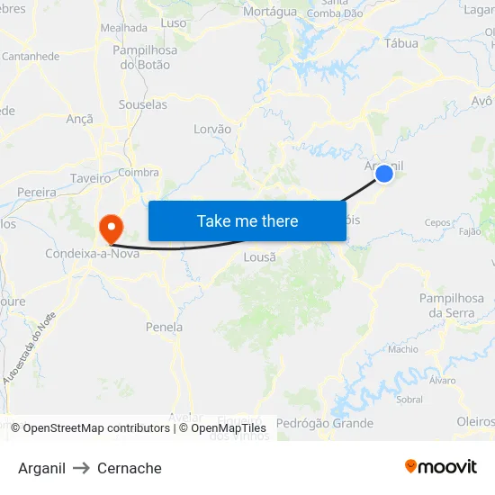 Arganil to Cernache map
