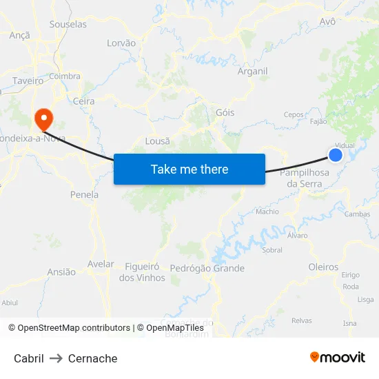 Cabril to Cernache map