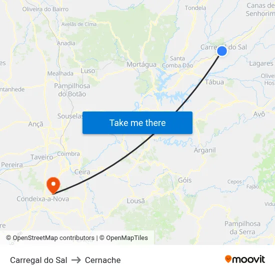 Carregal do Sal to Cernache map
