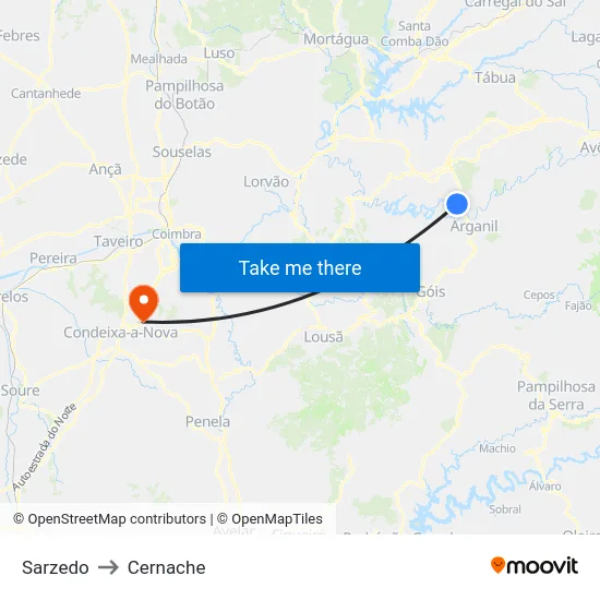 Sarzedo to Cernache map
