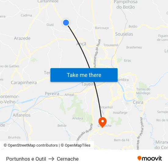 Portunhos e Outil to Cernache map