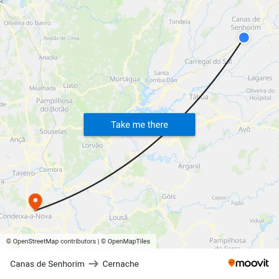 Canas de Senhorim to Cernache map
