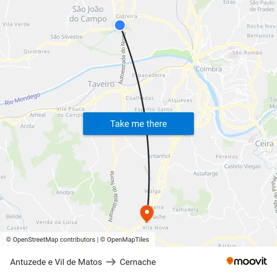 Antuzede e Vil de Matos to Cernache map