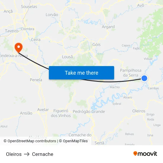 Oleiros to Cernache map