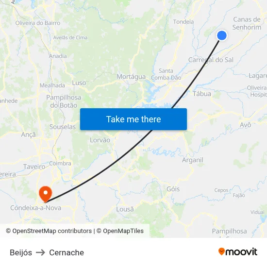 Beijós to Cernache map
