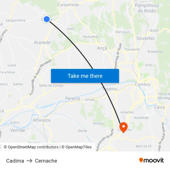 Cadima to Cernache map