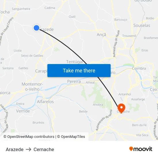 Arazede to Cernache map