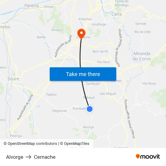 Alvorge to Cernache map