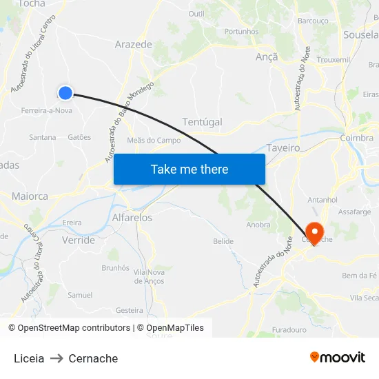 Liceia to Cernache map