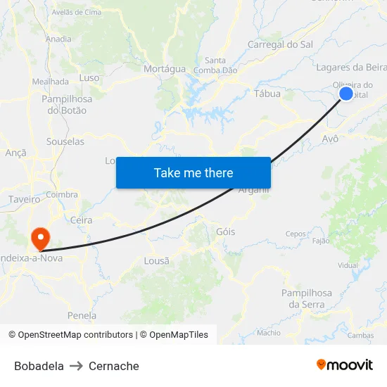 Bobadela to Cernache map