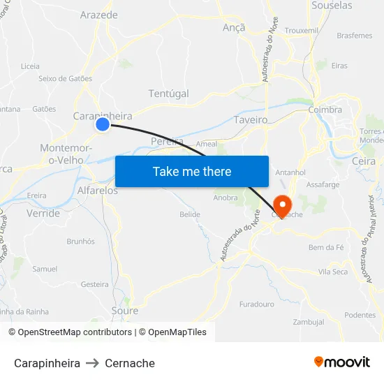 Carapinheira to Cernache map
