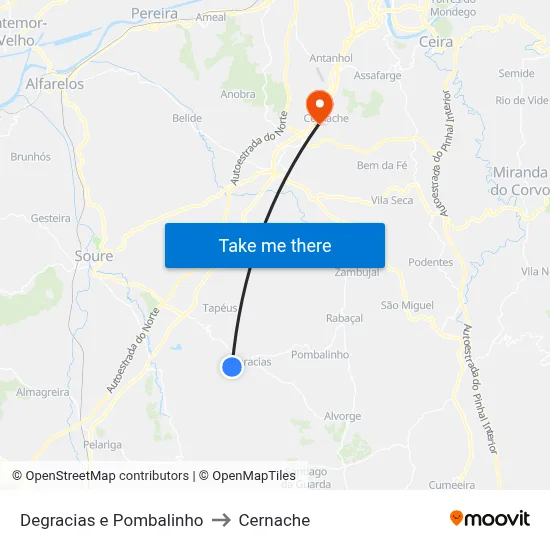 Degracias e Pombalinho to Cernache map