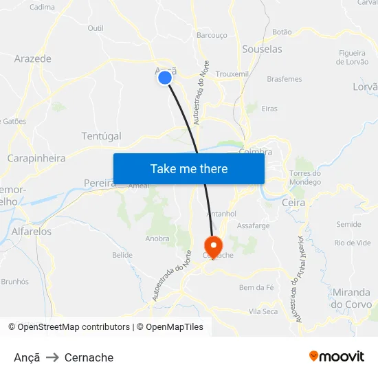 Ançã to Cernache map