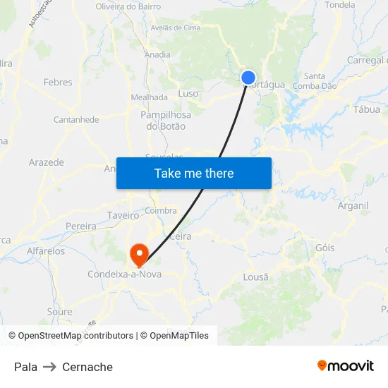 Pala to Cernache map
