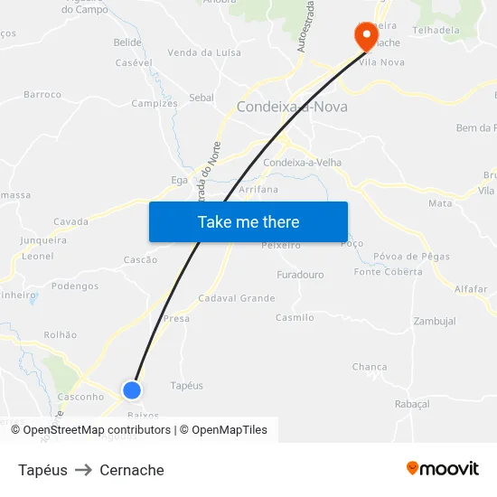 Tapéus to Cernache map