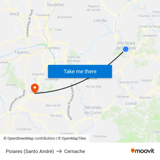 Poiares (Santo André) to Cernache map